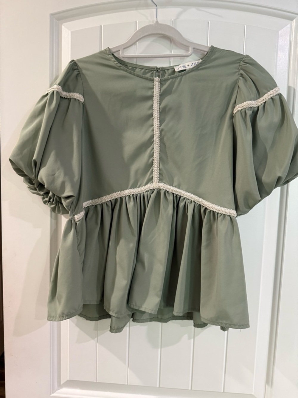 She and Sky Sage Green Puff Sleeve Peplum Blouse